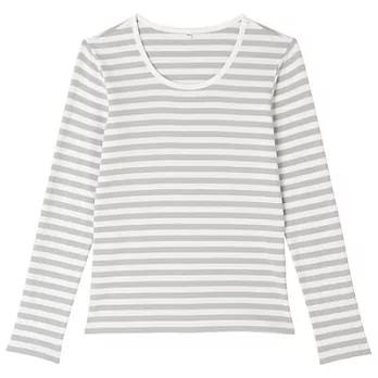 [MUJI無印良品]女有機棉混彈性圓領橫紋長袖T恤M灰銀橫紋
