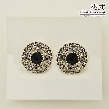 【安珂ECO正韓飾品】古典銀灰黑鑽花邊 夾式耳環(螺旋夾)