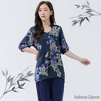 【Kaleena Queen】花彩古典柔綿上衣(藍紫)-M-3LXL藍紫