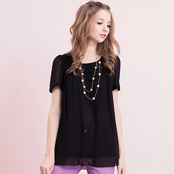 【模兒空間AMOR SPACE】S5113浪漫風蕾絲雪紡長上衣XL黑