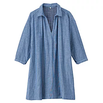 [MUJI無印良品]女有機棉二重紗織七分袖長版衫淡藍MM淡藍