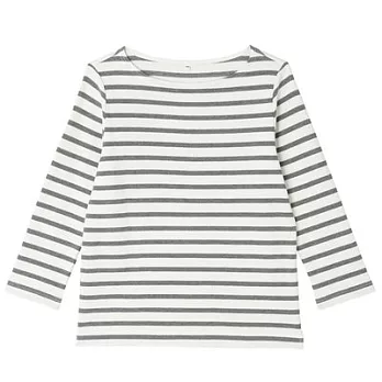 [MUJI無印良品]女有機棉橫紋七分袖T恤S灰橫紋