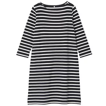 [MUJI無印良品]女有機棉橫紋七分袖洋裝S深藍橫紋