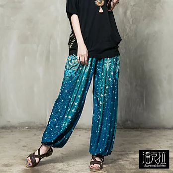 【潘克拉】羽毛圖騰燈籠褲(3色)-F　FREE湖藍