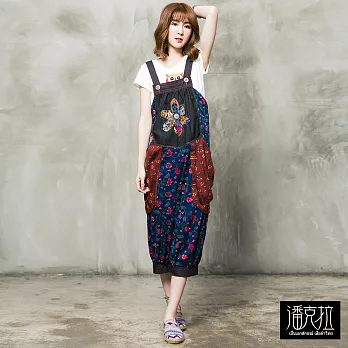 【潘克拉】花布可調吊帶褲-F FREE花布