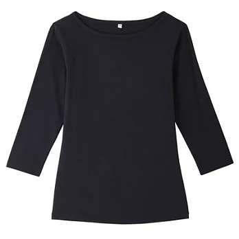 [MUJI無印良品]女有機棉混彈性船領七分袖T恤S深藍