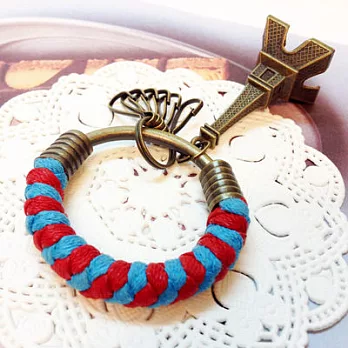 編織腊繩鐵環鑰匙圈(小)紅+亮藍+立體鐵塔