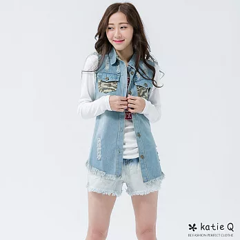 【KatieQ】迷彩刷破單寧長背心(2色)-F　FREE淺藍
