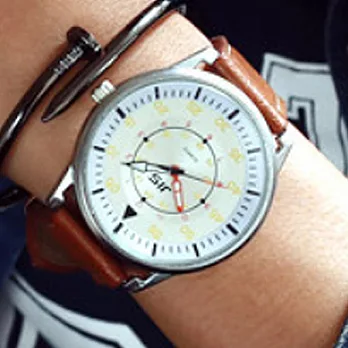 Watch-123 深夜領航-歐式風尚都會知性腕錶 (4色任選)褐帶白盤黃時標
