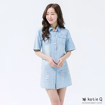 【KatieQ】淺色刷破釘珠單寧襯衫洋(亮鑽)-M-XLL亮鑽