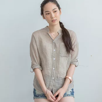 夏日系小清新寬鬆棉麻七分袖亞麻襯杉 -L卡其色