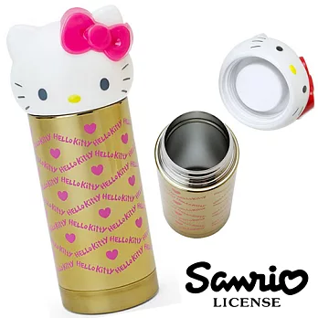 【日本正版商品】三麗鷗 Hello Kitty 經典大頭造型隨身保溫/冷杯-尊爵金+粉紅色