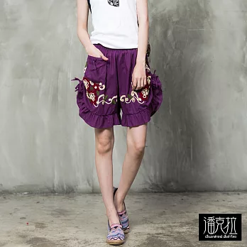 【潘克拉】繡花五分寬口褲(2色)-F FREE山竹