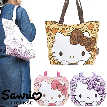 【日本正版商品】Hello Kitty 凱蒂貓 豹紋帆布肩揹包/托特包/手提包-淺棕色
