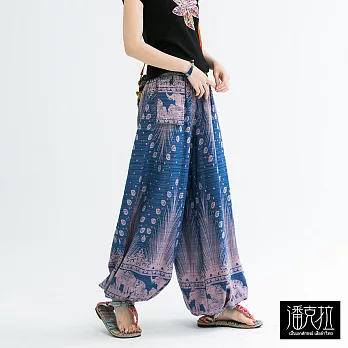 【潘克拉】編織腰頭織羽毛燈籠褲(3色)-F　FREE藍