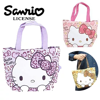 【日本正版商品】Hello Kitty 凱蒂貓 豹紋帆布手提袋/便當袋-紫色