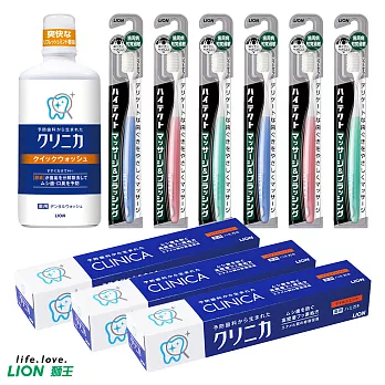 【日本獅王LION】固力寧佳酵素牙膏130gx3 + 固力寧佳酵素漱口水450mlx1 + 牙周抗 敏牙刷x6