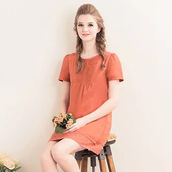 【模兒空間AMOR SPACE】S5118 棉麻感100%棉刺繡蕾絲洋裝(2色)M橘