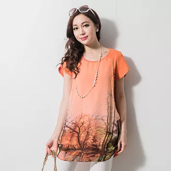 【模兒空間AMOR SPACE】S1031 花樣情懷飄柔雪紡長版上衣(4色)M橘