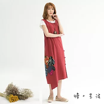 【慢。生活】花朵拼布棉麻連身裙(2色)-F　FREE紅