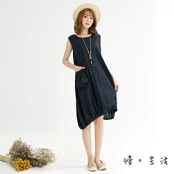 【慢。生活】設計款縮口棉麻連身裙(2色)-F　FREE藍