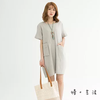 【慢。生活】設計口袋棉麻連身裙(3色)-F　FREE灰