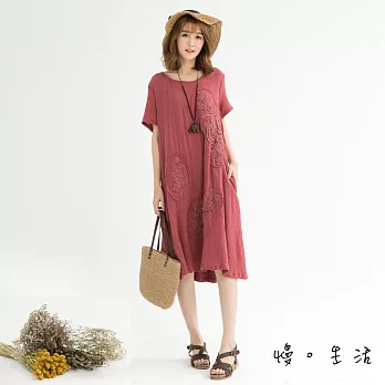 【慢。生活】貼花刺繡棉麻連身裙(2色)-F　FREE紅