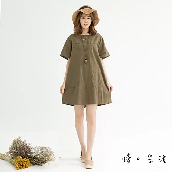 【慢。生活】補丁風棉麻連身裙(2色)-F　FREE軍綠