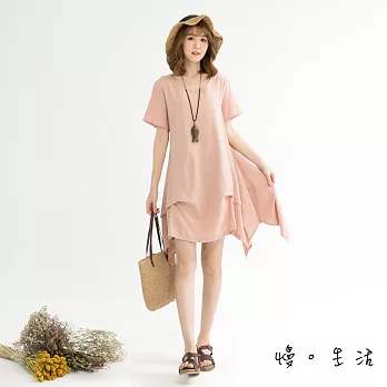 【慢。生活】素色收邊棉麻連身裙(2色)-F　FREE粉