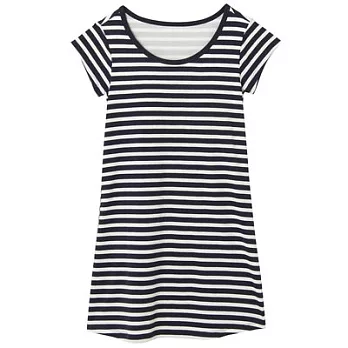 [MUJI無印良品]女棉混內裏網織涼感彈性天竺有杯長版衫L深藍橫紋