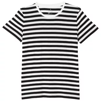[MUJI無印良品]女有機棉圓領橫紋短袖T恤S黑直紋