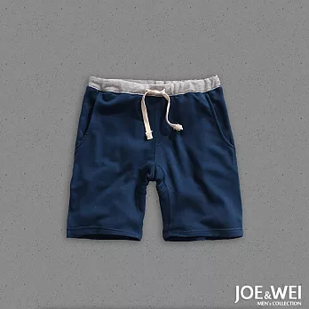 【JOE & WEI】撞色剪裁水洗棉質短褲(藍)-M-XL　L藍