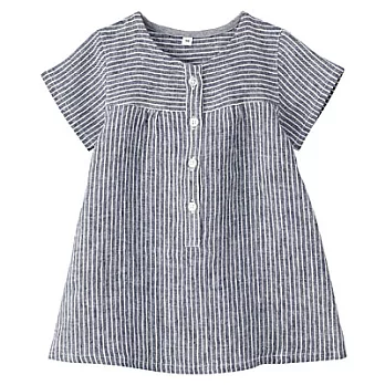 [MUJI無印良品]幼兒法國亞麻水洗短袖長版衫90深藍直紋