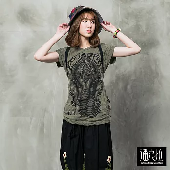 【潘克拉】泰國插畫捲T(軍綠象)-F　FREE軍綠