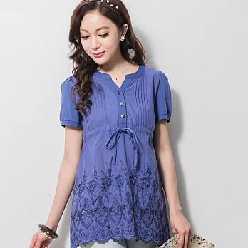 【模兒空間AMOR SPACE】S1009 唯美刺繡雕花純棉長上衣L 藍