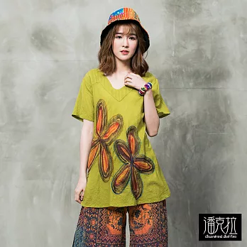 【潘克拉】拔染大花V領捲T(3色)-F　FREE綠
