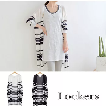【Lockers 木櫃】輕薄舒適棉質條紋中長款防曬外套-兩色(黑色)