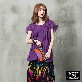 【潘克拉】荷葉袖皺感捲T(3色)-F　FREE紫