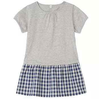 [MUJI無印良品]兒童有機棉輕鬆活動舒適拼接平織布短袖長版衫110藍格紋