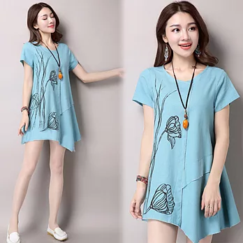 【NUMI】森-立體印花拼接連衣裙-共3色(M-2XL可選)M淺藍色