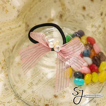 【SJ】透視雪紡蝶結水鑽珍珠造型髮束-粉色