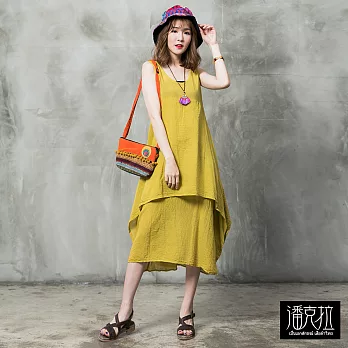 【潘克拉】知性素色層次連身裙(3色)-F FREE黃