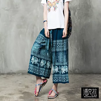 【潘克拉】綁帶大象圖騰寬褲(5色)-F FREE湖藍