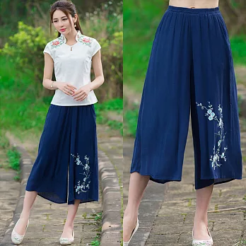 【NUMI】森-民族文藝棉麻氣質百搭9分褲-共2色(M-2XL適穿)FREE寶藍色