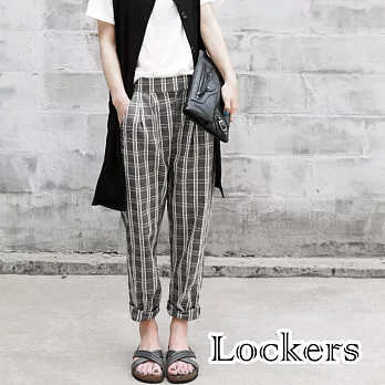 【Lockers 木櫃】英倫風率性格子棉麻哈倫長褲