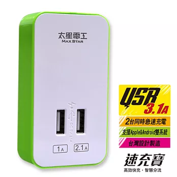 【太星電工】速充寶彩色3.1A 2USB充電器(鮮果綠) AE325