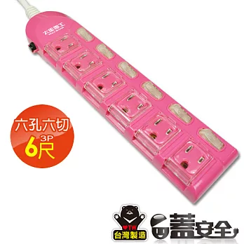 【太星電工】蓋安全彩色電腦線六開六插3P15A6尺(蜜桃紅) OC66306