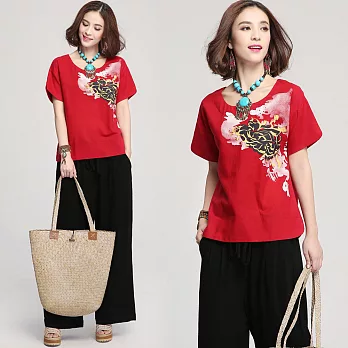 【NUMI】森-短袖棉麻造型上衣(M-XXL適穿)FREE紅色