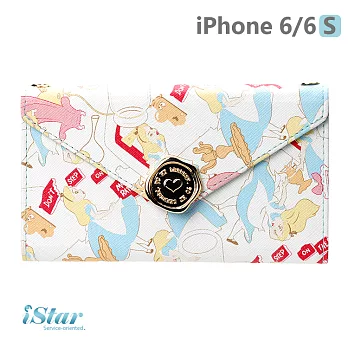 【日本 PGA-iJacket】正版迪士尼 iPhone 6/6s金色印花扣皮革信封造型側翻式系列(附鏈帶) - 愛麗絲124愛麗絲