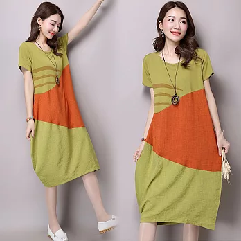 【NUMI】森-兩色撞色拼接棉麻連衣裙-共3色(L-XXL可選)XL綠色